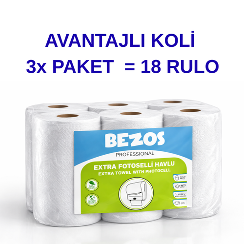 Bezos Professional Fotoselli Havlu 18 Rulo � 2 Katl� %100 Sel�loz 21 cm End�striyel Ka��t Havlu 3X6 Rulo