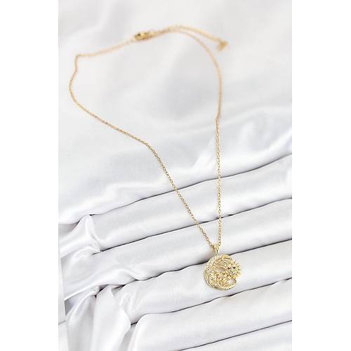 316L �elik Zirkon Ta�l� Ay Ve G�ne� Model Gold Renk Kad�n Kolye