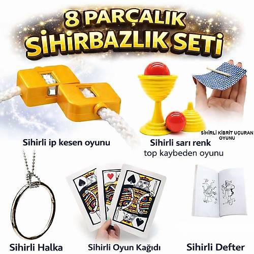 8�li Sihirbazl�k Seti (Kibrit, Defter, Halka, Kupa, �p, 3�l� Kart)