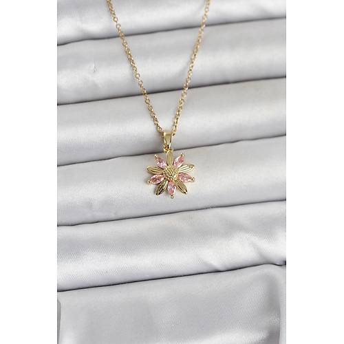 316L �elik Zincir Gold Renk Pembe Papatya Model Kad�n Kolye