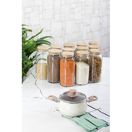 12'li Bambu Kapakl� Cam Kavanoz & Erzak Saklama Kab� Seti 1.300 ml B�y�k Boy ( Vakum Kapak )