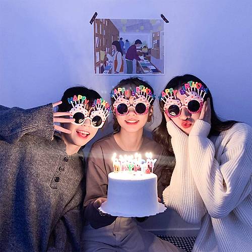 Happy Birthday Yaz�l� Pembe Fu�ya Renk Pembe Pastal� Parti G�zl��� 12x7 cm