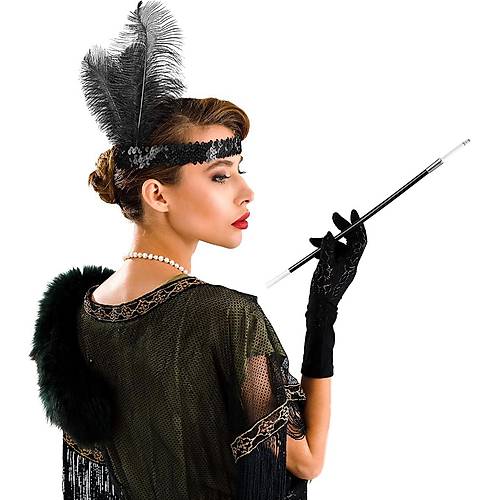 1920'ler Gatsby Aksesuar Seti � Siyah Charleston Sa� Band� & Sigaral�k