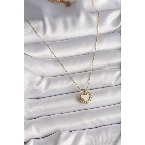 316L �elik Gold Renk Zincir Sedefli Kalp Model Kad�n Kolye