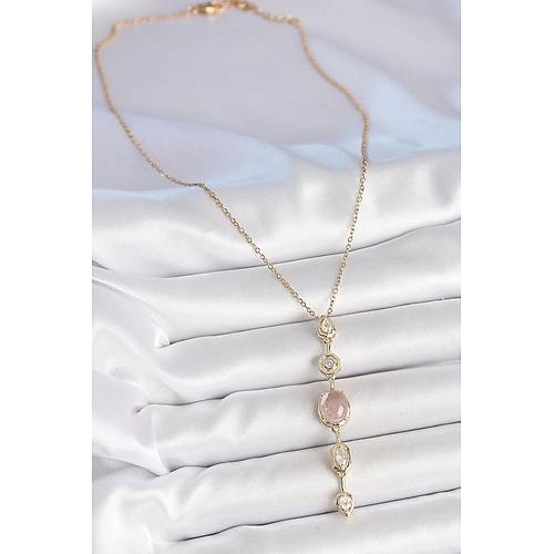 316L �elik Zincir Gold Renk Pembe Zirkon Ta�l� Y Kolye