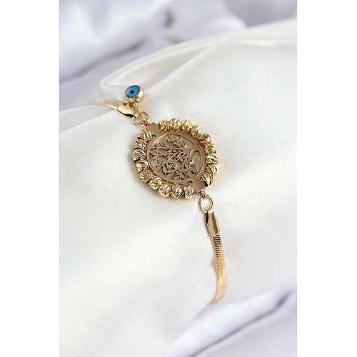 316L �elik Nazar Boncuk Detayl� Hayat A�ac� Model �talyan Zincir Gold Renk Kad�n Bileklik