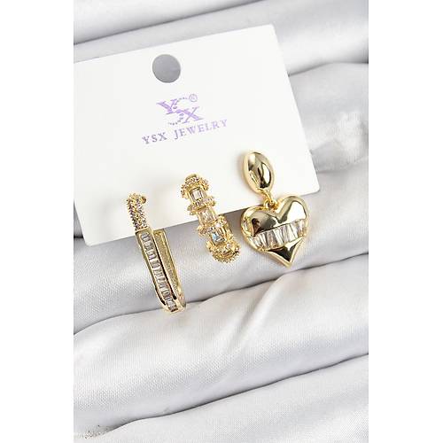 Pirin� Z�rkon Ta�l� Kalp Model Gold Renk 3'l� Kad�n K�pe