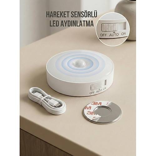 Hareket Sens�rl� Yuvarlak LED Ayd�nlatma & USB �arjl� Pratik Gece Lambas� (8 cm)