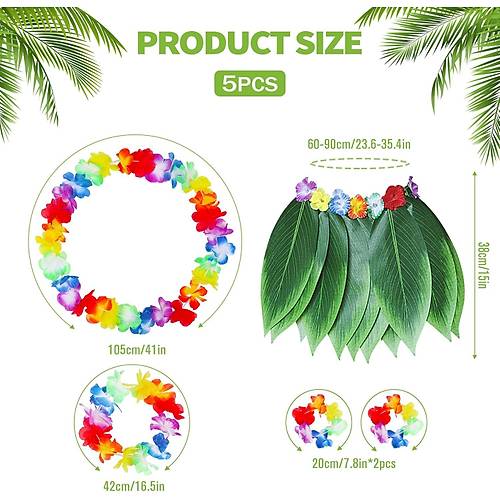 �ocuk Hawaii Kost�m Seti - Yaprak Etek & Hawaii Set - 5 Par�a
