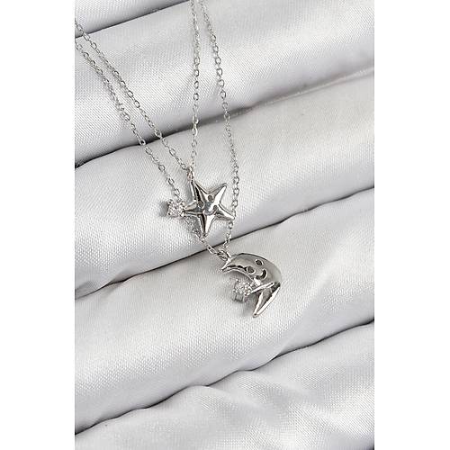 Pirin� Zirkon Ta�l� Y�ld�z Ve Ay Model G�m�� Renk Kad�n Kolye