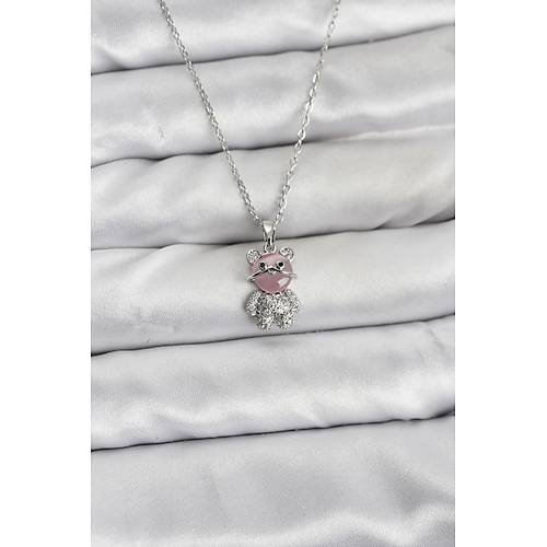 316L �elik Zincir G�m�� Renk Teddy Bear Model Zirkon Ta�l� Kad�n Kolye