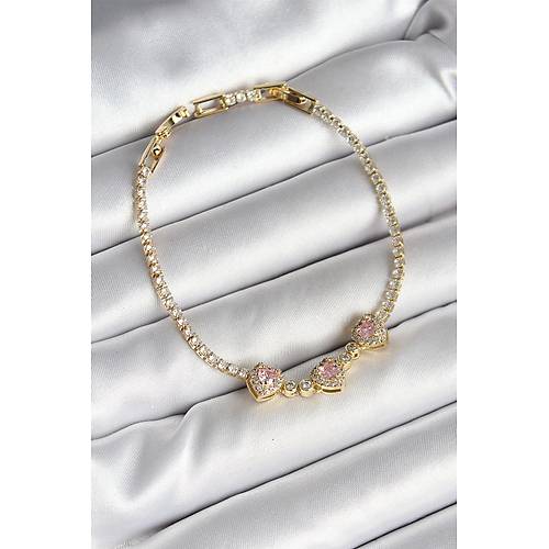 Pirin� S�ral� Pembe Kalp Fig�rl� Zirkon Ta�l� Gold Renk Kad�n Bileklik