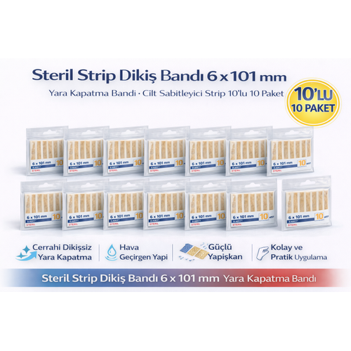 Steril Strip Diki� Band� 6 x 101 mm Yara Kapatma Band� Cilt Sabitleyici Strip 10lu 10 Paket
