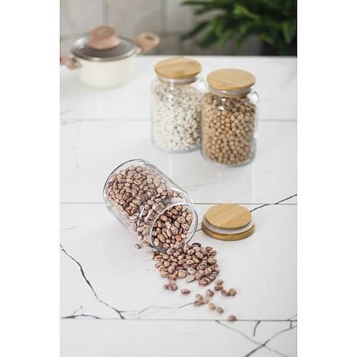 3 L� Set Bambu Kapakl� Cam Kavanoz & Erzak Saklama Kab� 800 ml Orta Boy ( Vakum Kapak )