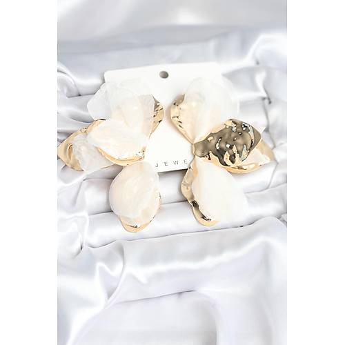 Pirin� Gold Renk Beyaz T�ll� Lotus Kad�n K�pe