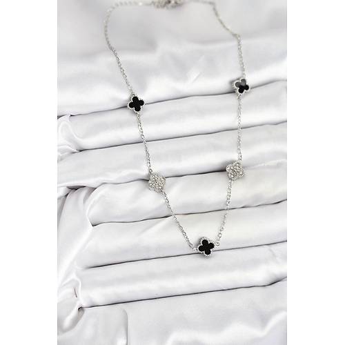 316L �elik Zincir G�m�� Renk Siyah ve Zirkon Ta�l� Baby Boy Yonca Kad�n Kolye
