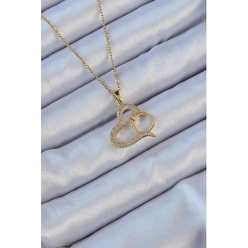 316L �elik Zincir Alt�n Renk Zirkon Ta�l� Y�z�kl� Kalp Kolye