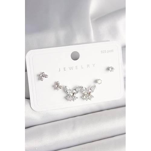 925 Ayar G�m�� �ivi Pirin� Zirkon Ta�l� Kelebek Model Kad�n K�pe Seti