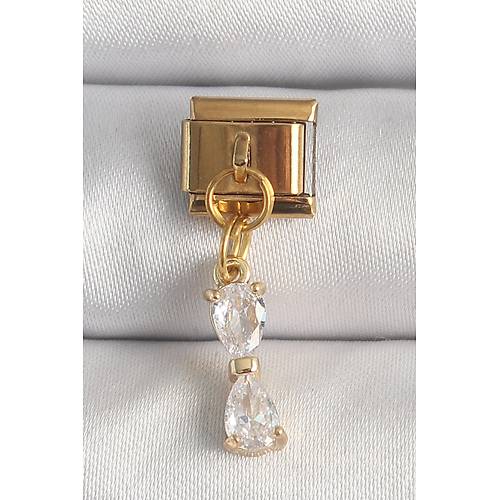 316L �elik Gold Renk Sallant� Zirkon Ta�l� Kurdele Model Nomination Charm