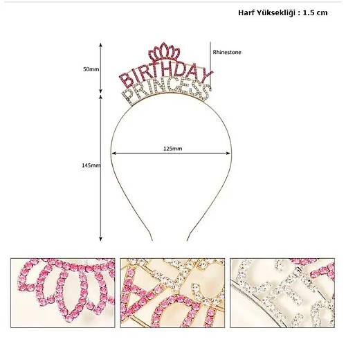 Kristal Ta�l� Pembe Birthday Princess Yaz�l� Parti Tac� 19x11 cm