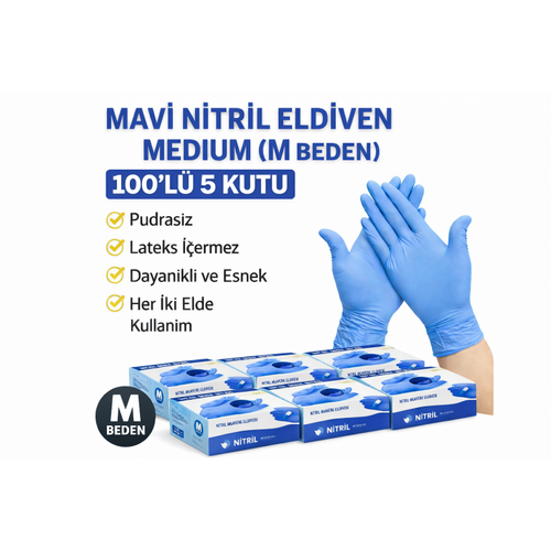 Mavi Nitril Eldiven Medium M Beden Pudras�z 100�l� 5 Kutu Tek Kullan�ml�k Muayene Eldiveni Lateksiz Koruyucu Eldiven Seti