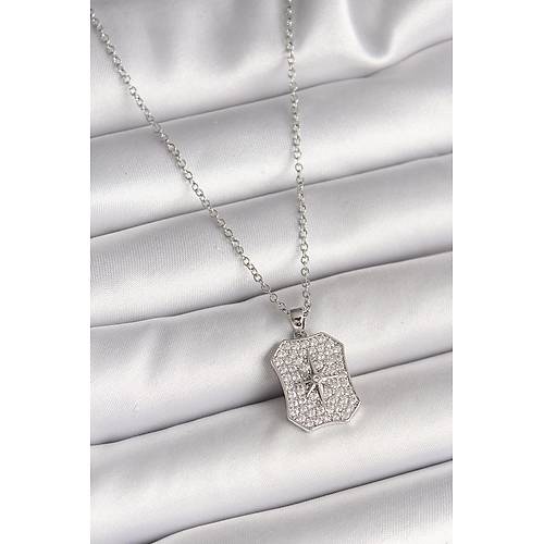 316L �elik G�m�� Renk Zincir Zirkon Ta�l� Kutup Y�ld�z ��lemeli Madalyon Model Kad�n Kolye