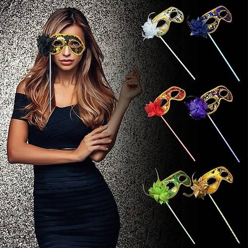 L�ks Ta�l� Sapl� Maskeli Balo Maskesi Alt�n Renk 35 cm