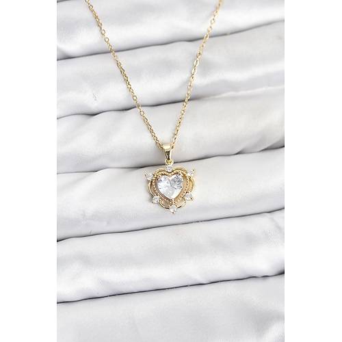 316L �elik Zincir Gold Renk Kalp Model Zirkon Ta�l� Kad�n Kolye