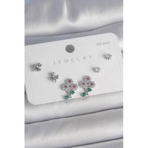 Pirin� G�m�� Renk Renkli Zirkon Ta�l� �i�ek Model Yaprak Detay 925 Ayar G�m�� �ivi Kad�n K�pe Seti