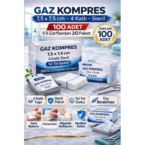 Gaz Kompres 7,5x7,5 cm 4 Katl� Steril 100 Adet Tel Tel Span� (5�li Zarflardan 20 Paket)1 KUTU