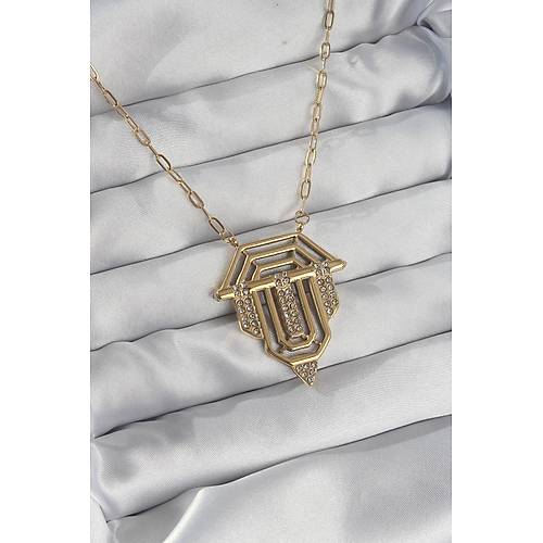 316L �elik Zincir Gold Renk Zirkon Ta�l� Serenay Kolyesi