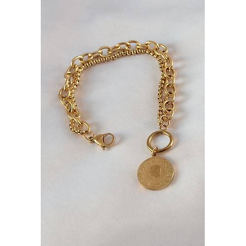 316L �elik Gold Renk 2'li Zincir Model �eyrek Alt�nl� Kad�n Bileklik