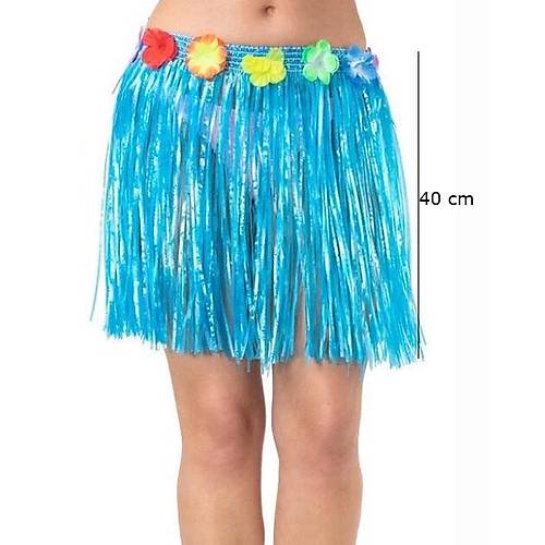 Yeti�kin ve �ocuk Uyumlu Mavi Renk P�sk�ll� Hawaii Luau Hula Etek 40 cm