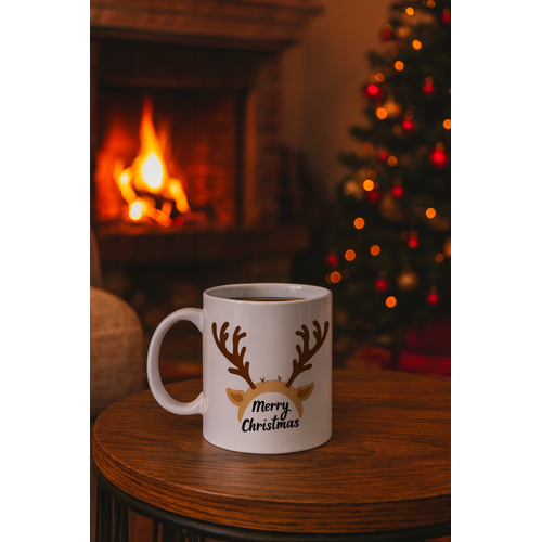 Merry Christmas Geyik Boynuzu Tasar�ml� Kupa Model 235 Y�lba�� Temal� Seramik Kahve Kupas�