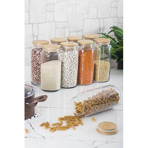 9'lu Bambu Kapakl� Cam Kavanoz & Erzak Saklama Kab� Seti 1.300 ml B�y�k Boy ( Vakum Kapak )