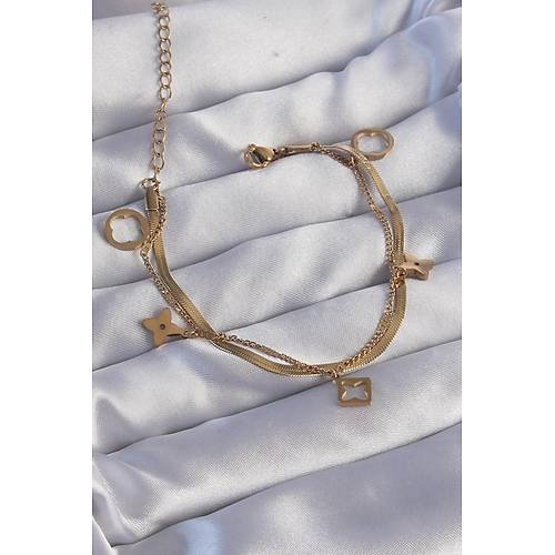 316L �elik Gold Renk �ift Zincir Yonca Tasar�m Bileklik