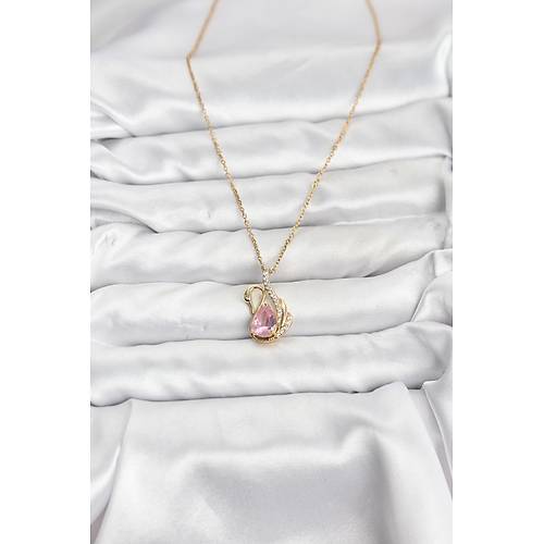 316L �elik Zincir Gold Renk Pembe Ku�u Model Zirkon Ta�l� Kad�n Kolye