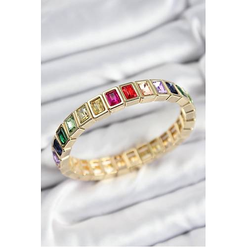 Pirin� Kar���k Zirkon Ta�l� Dikd�rtgen Model Gold Renk Lastikli Kad�n Bileklik