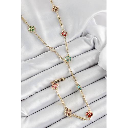 Pirin� Asorti Kalpli Yonca Model Gold Renk Zirkon Ta�l� Y Kolye