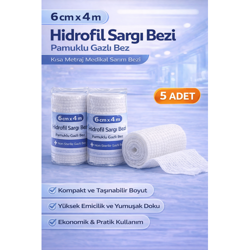 6 cm x 4 m Hidrofil Sarg� Bezi Pamuklu Gazl� Bez K�sa Metraj Medikal Sar�m Bezi 5 Adet