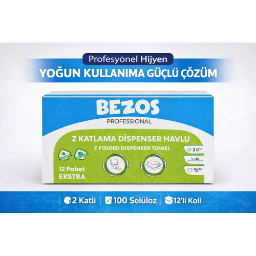 Bezos Professional Z Katlamal� Dispenser Havlu 2 Katl� %100 Sel�loz 20x22 cm 12�li Koli