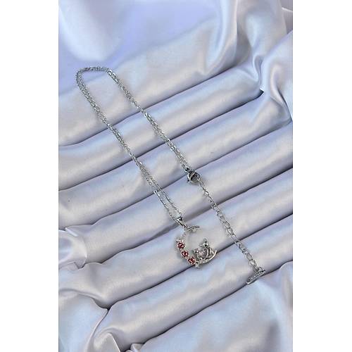 316L �elik Zincir G�m�� Renk K�rm�z� G�l Detay Kedi Fig�r Zirkon Ta�l� Ay Kolye