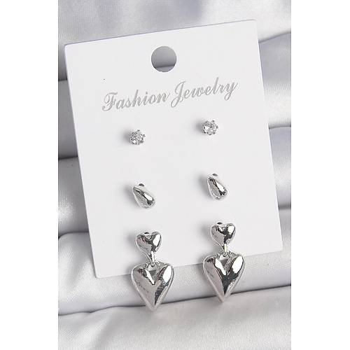 Pirin� G�m�� Renk Zirkon Ta�l� Sallant�l� Kalp Model 3 �ift Kad�n K�pe Seti