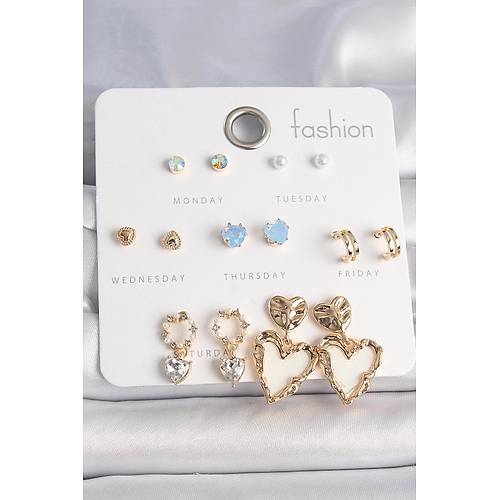 Pirin� Gold Renk Zirkon Ta�l� Sallant� Beyaz Sedefli Kalp Model 7 �ift Kad�n K�pe Seti