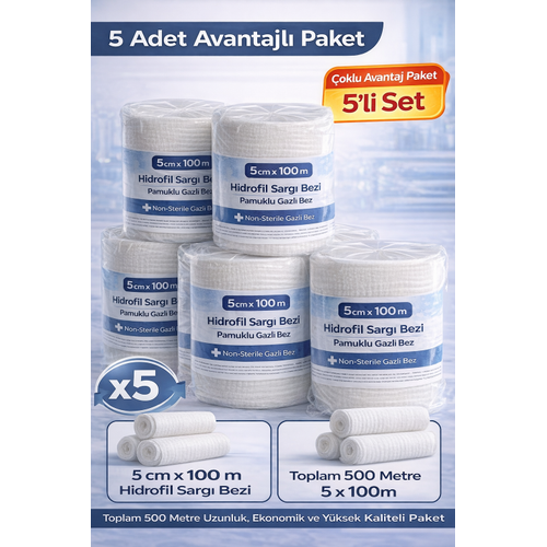 5 cm x 100 m Hidrofil Sarg� Bezi Pamuklu Gazl� Bez Y�ksek Emici Medikal Sarg� Bezi 5 Adet