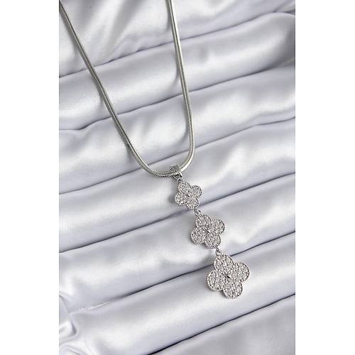316L �elik G�m�� Renk �talyan Zincir Zirkon Ta�� Yonca Model Kad�n Kolye