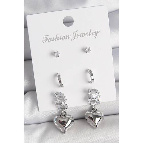 Pirin� G�m�� Renk Zirkon Ta�l� Sallant�l� Kalp Model Yar�m Halka Detay 3 �fit Kad�n K�pe Seti