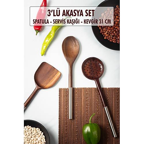 Akasya 3 l� Servis Ka���� & Servis Kevgiri & Servis Spatulas� & Salata Servis Seti