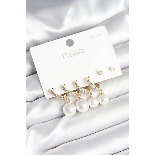 Gold Renk Zirkon Ta�l� Pirin� �ncili 925 Ayar G�m�� �ivili K�pe Seti