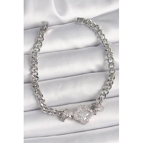 Pirin� G�m�� Renk Zirkon Ta�l� Yonca Fig�r Zincir Model Kad�n Bileklik